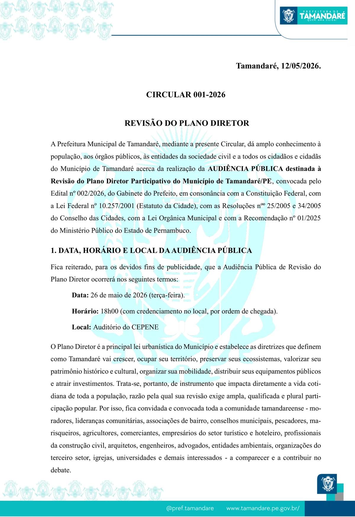 Página 1 da Circular 001-2026 da Prefeitura de Tamandaré convocando para a Audiência Pública