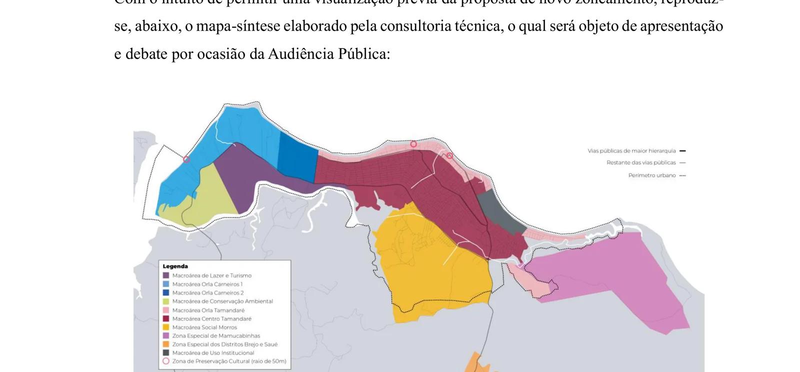 Mapa oficial do novo zoneamento proposto pra Tamandaré, com 10 macroáreas coloridas (Lazer e Turismo em roxo, Orla Carneiros, Conservação Ambiental em verde, Orla Tamandaré em amarelo, Centro Tamandaré em vermelho, etc.) e legenda completa