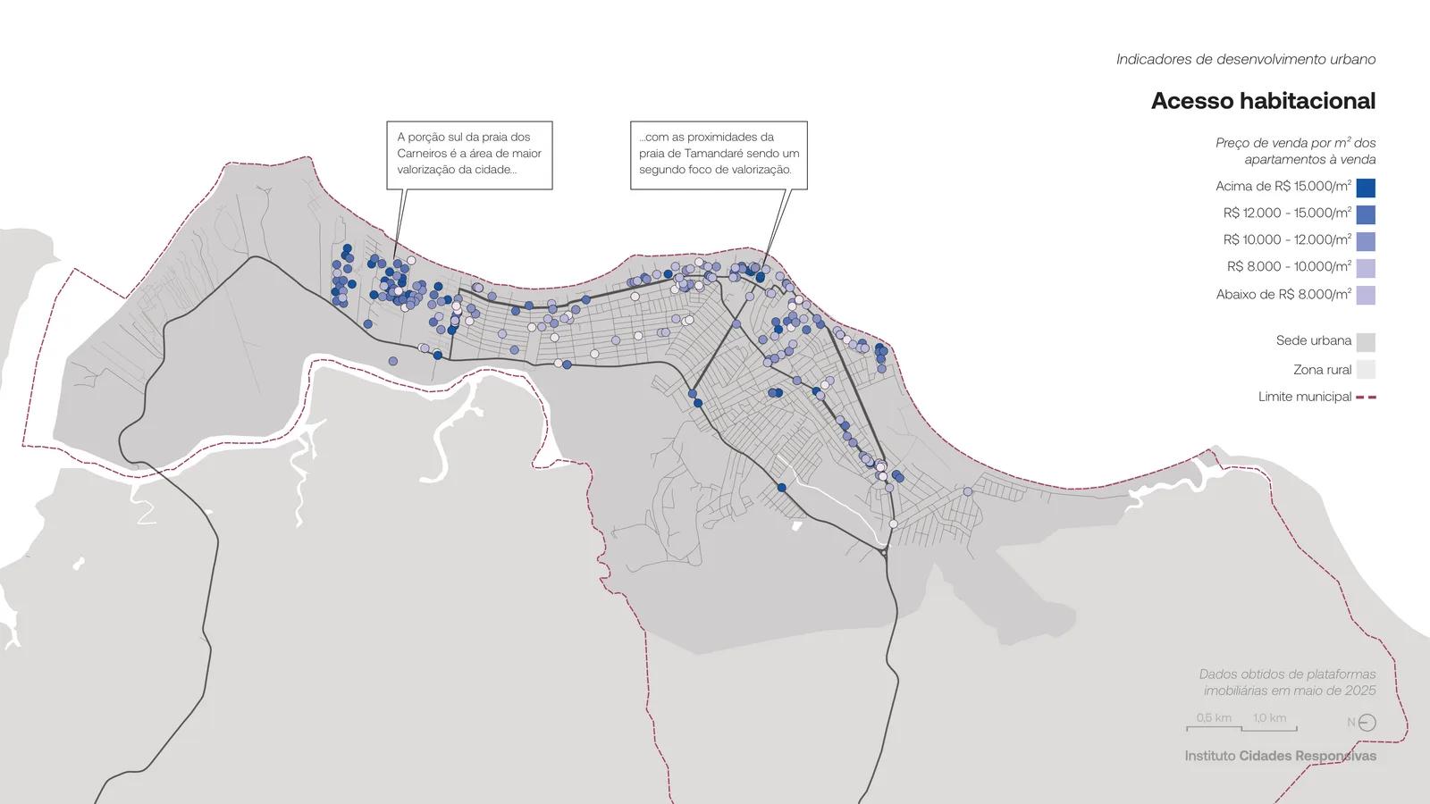 Mapa de Tamandaré com pontos coloridos indicando preço de venda por m² de apartamentos em diferentes áreas