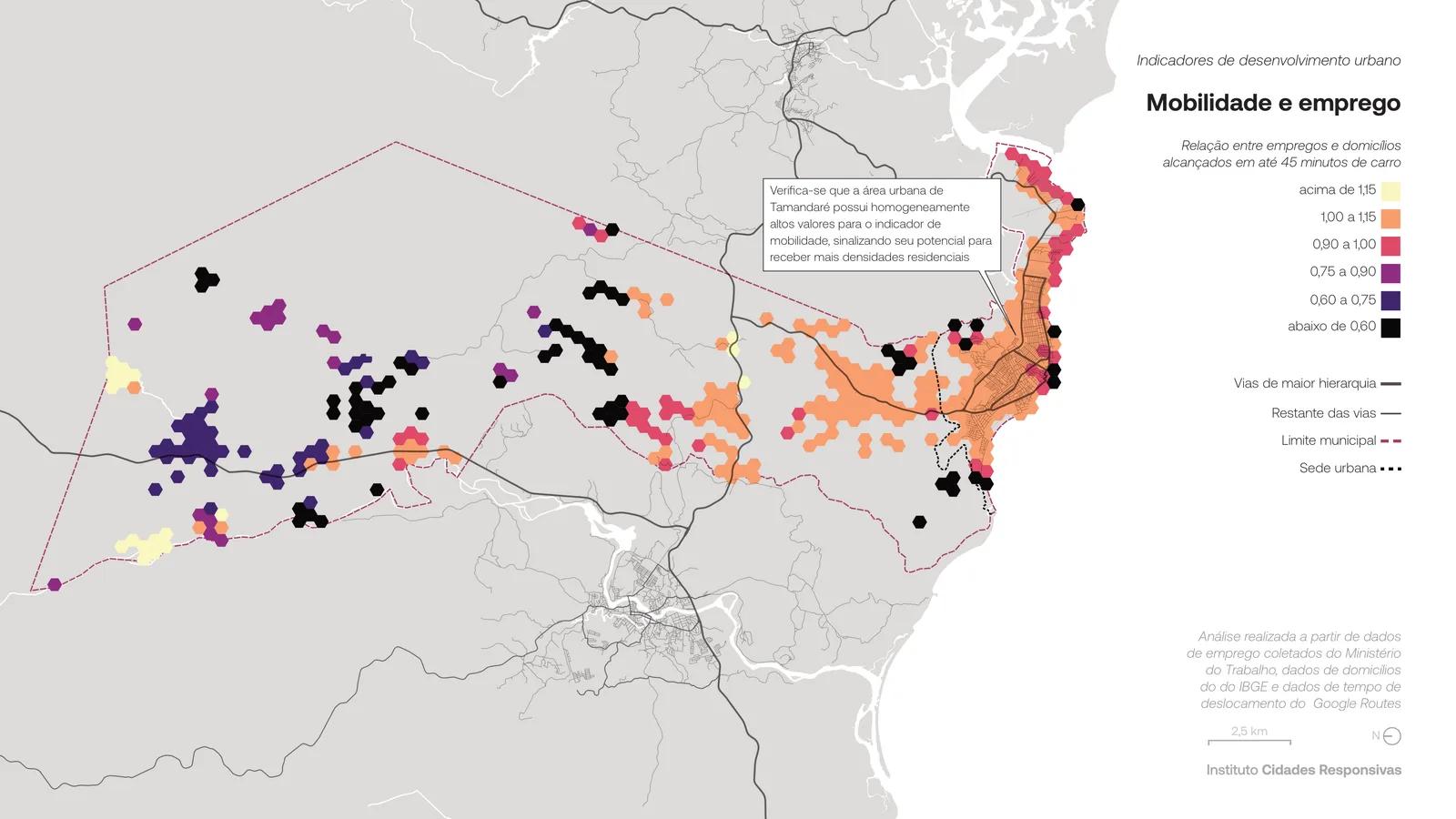 Mapa hexagonal de Tamandaré mostrando relação entre empregos e domicílios alcançáveis em até 40 minutos de carro
