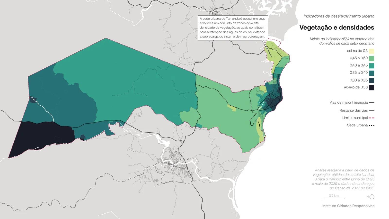 Mapa de Tamandaré em tons de verde indicando densidade de vegetação (NDVI) por setor censitário